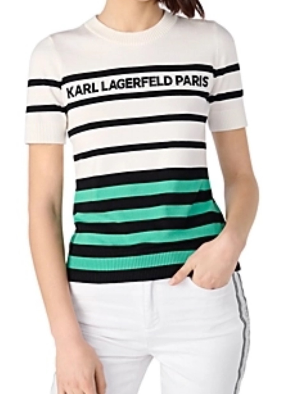 Karl Lagerfeld White Black & Green Striped Short-Sleeve Knit Top